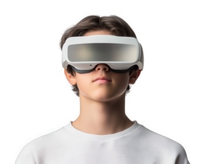 teenager wearing virtual reality goggles, focused and immersed in digital world. image captures essence of modern technology and gaming experiences