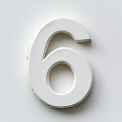 A simple, white number six displayed against a light background, emphasizing minimalism and clarity.