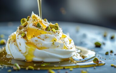 Greek yogurt swirl with honey drizzle and crushed pistachios frozen in motion