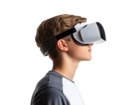 Immersive teenager wearing virtual reality headset, exploring digital worlds. excitement of technology and gaming is evident in this modern portrait