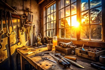 Abandoned Building Repair Tools in Golden Hour Light