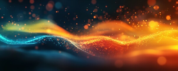 Obraz premium A vibrant, abstract image featuring streaks of light and glowing particles, symbolizing speed, energy, and the dynamic flow of data in a digital