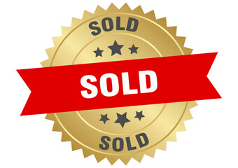 Obraz premium sold. sold round red and gold label isolated on transparent background
