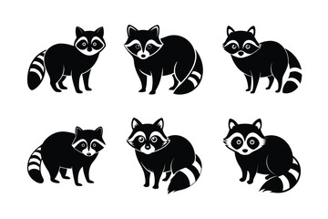 Raccoon (Procyon lotor) mammal animal, labeled silhouette vector art illustration.