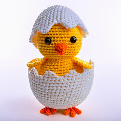 Crochet chick and eggshell, isolated on white background