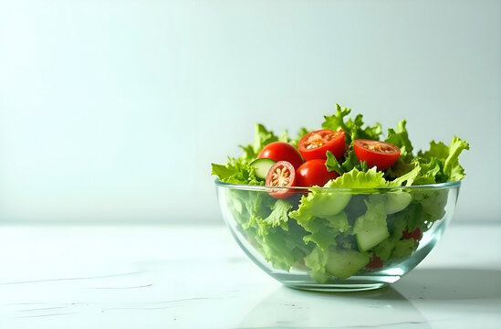 Vitamin appetizing salad of fresh red tomatoes, lettuce leaves and cucumbers in a transparent glass bowl on a light background, healthy eating concept, space for text on the left, photo for menu