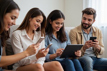 Diverse Group of Friends Engaged in Digital Devices at Home, Using Smartphones and Tablets for Social Connection and Entertainment