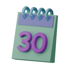 30 - calendar and Time planner. Daily Calendar Icon reminder. 3d render Illustration. The thirtieth