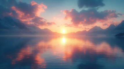 Naklejka premium Serene sunset over tranquil lake surrounded by majestic mountains and colorful clouds