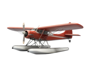 red seaplane with floats, showcasing vintage design and propeller, isolated on transparency background. This aircraft represents adventure and exploration over water