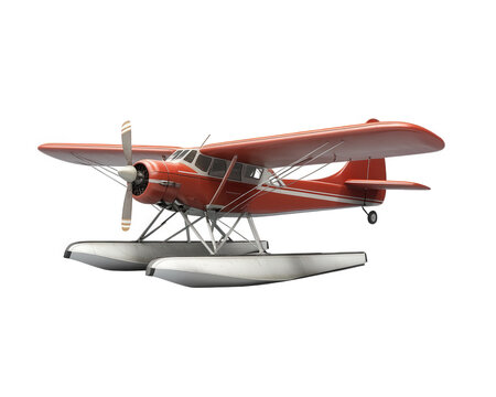 red seaplane with floats, showcasing vintage design and propeller, isolated on transparency background. This aircraft represents adventure and exploration over water