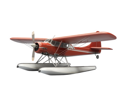 red seaplane with floats, showcasing vintage design and propeller, isolated on transparency background. This aircraft represents adventure and exploration over water