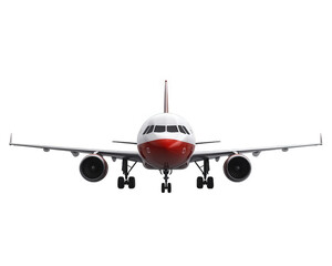 Naklejka premium commercial airplane with red and white design, isolated on transparency background, showcasing its front view and details