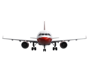 commercial airplane with red and white design, isolated on transparency background, showcasing its front view and details