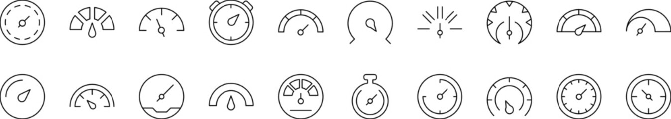 Speedometer Line Icon Pack. Outline Signs for Graphic and Web Design, Apps, Adverts, Various Cards