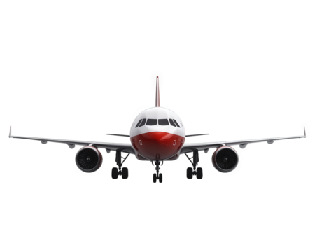 commercial airplane with red and white design, isolated on transparency background, showcasing its front view and details