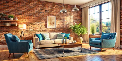 Rustic charm meets modern elegance: a cream sofa, blue accents, distressed brick, and wood floors create a stylish space.