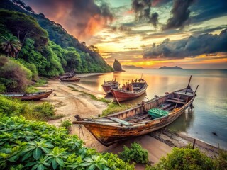 Obraz premium Abandoned Thai Fishing Boats on a Deserted Seascape - Urban Exploration Photography