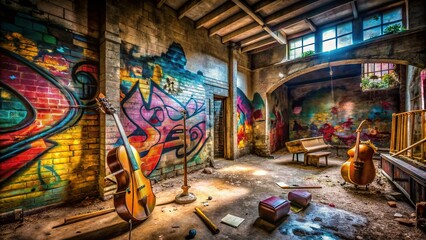 Obraz premium Abandoned Urban Building, Graffiti Art, Music Theme, Mysterious Interior, 119