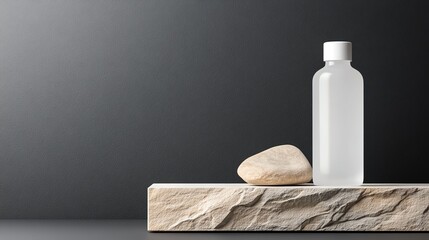 Minimalist spa concept with a clear bottle and stone on a textured shelf, set against a dark background for a serene atmosphere.