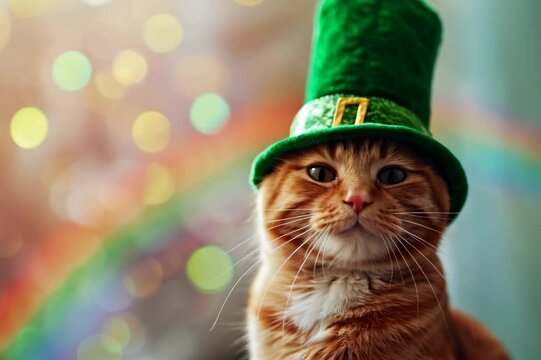 Tabby ginger cat in a green leprechaun hat against bokeh background with rainbow. Saint Patrick's Day