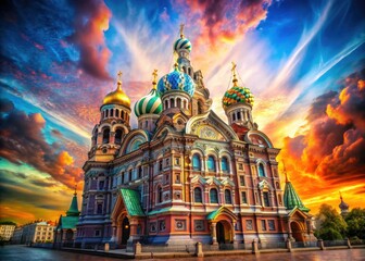 Fototapeta premium Saint Petersburg's Church of the Savior Spilled Blood: a vibrant, Gothic Revival fantasy, captured in surreal, dreamlike photography.