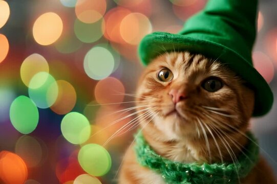 Tabby ginger cat in a green leprechaun hat and collar against festive bokeh background. Saint Patrick's Day