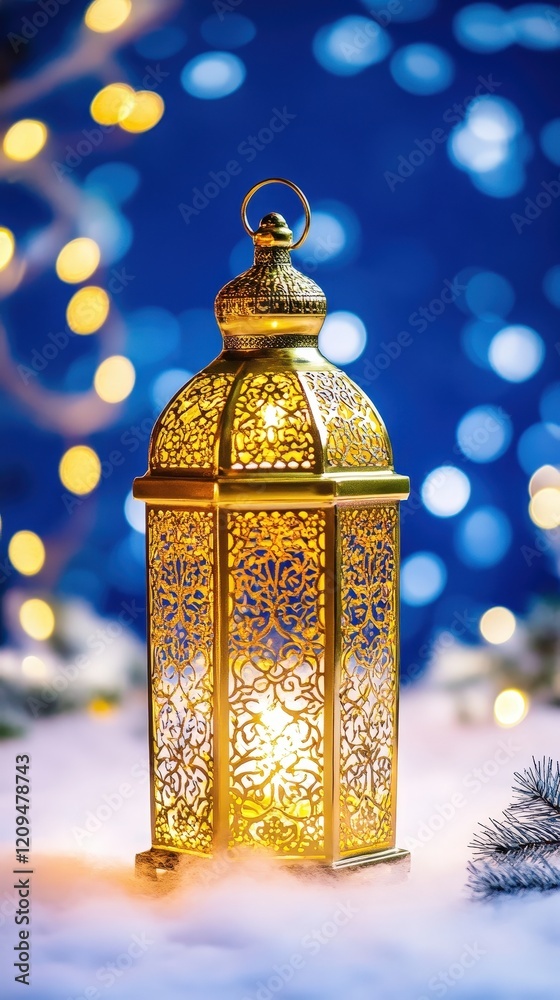 Wall mural illuminated golden lantern with intricate patterns surrounded by festive lights and snowy background