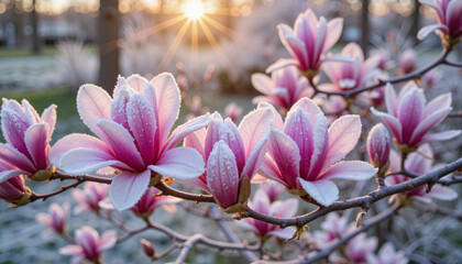 Frost-covered magnolia petals glowing in dawn light, winter beauty