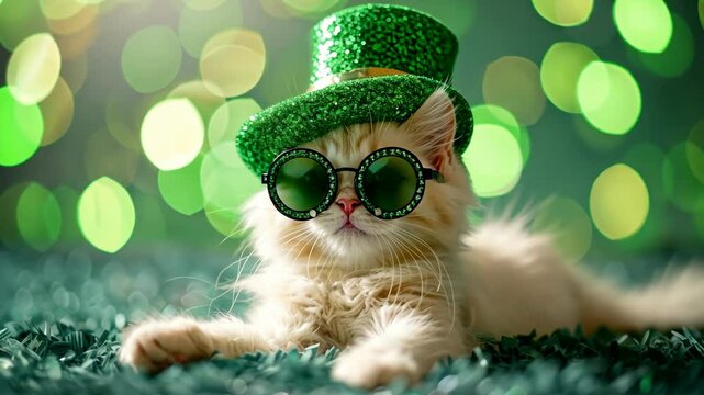 Cute white kitten in a green leprechaun hat and sunglasses on festive blurred bokeh background. Saint Patrick's Day.