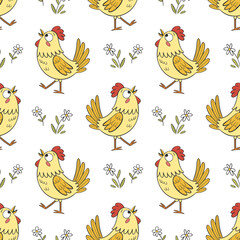 Seamless pattern with cute funny roosters and flowers. Spring background for kids, print
