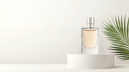 Elegant glass perfume bottle on a minimalist white podium with a tropical leaf backdrop, perfect for beauty and fashion showcases.