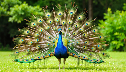 Obraz premium Peacock displaying its colorful plumage with pride in a lush garden environment