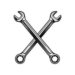Two crossed wrenches form a stylized motorcycle silhouette, a unique visual metaphor for mechanical repair and the thrill of riding.
