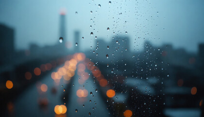 Obraz premium Rain droplets on window glass with blurred cityscape and lights in the background