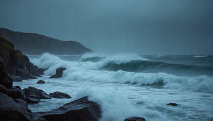 Fototapeta premium Heavy ocean waves crashing against rocky shore during a rainy stormy day