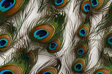 Obraz premium A mesmerizing arrangement of vibrant peacock feathers their iridescent eyespots creating a captivating pattern against a muted background