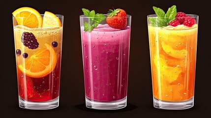 Sparkling fruit drinks, summer menu, studio shot, dark background, beverage advertising