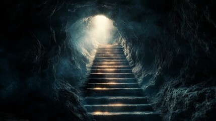Stone steps climb out of a dark cave.