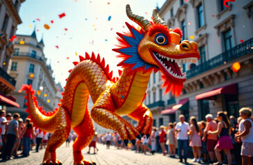 Fototapeta premium A vibrant dragon costume parades through the streets, delighting the crowd at a cultural celebration