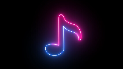 Neon line music sign. Glowing single musical note icon motion graphics