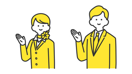  手で指し示す、フォーマルなスーツ姿の男性と女性　2色