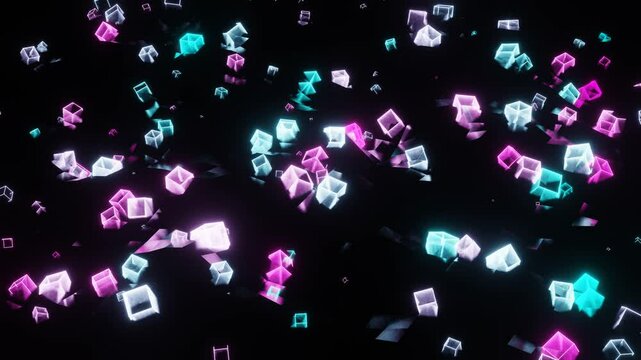 abstract background. moving neon purple and blue glowing cube frames. 3d render looped animation