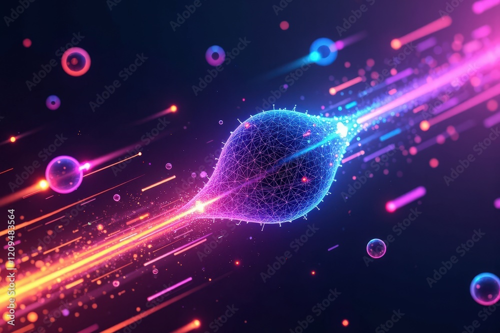 Wall mural dynamic abstract leaf shape with vibrant particles and light trails in a futuristic space background