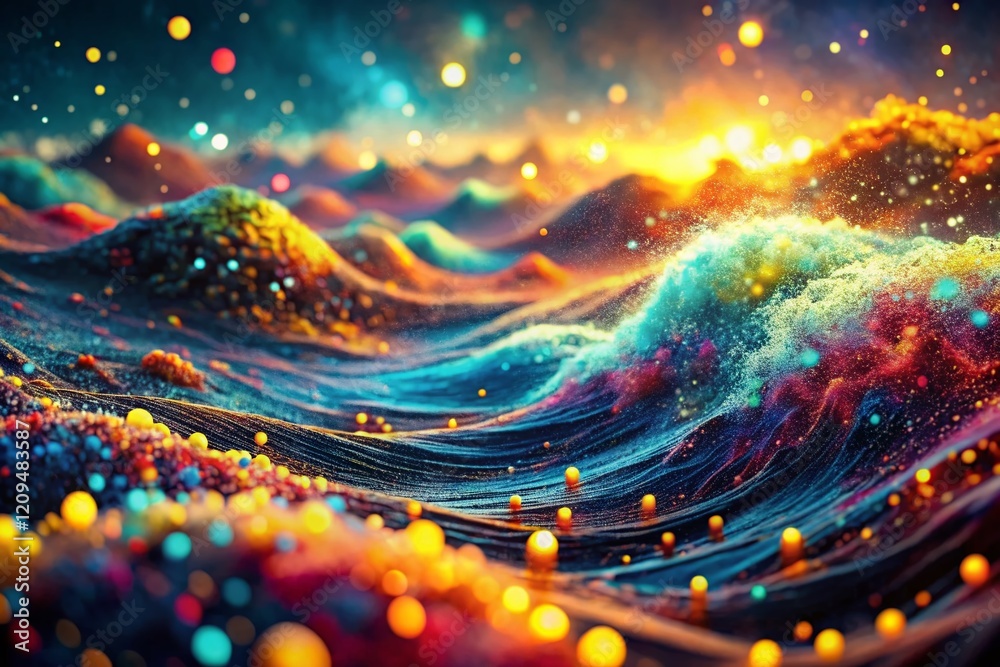 Poster abstract data waves: dynamic dots flowing over animated sea of information