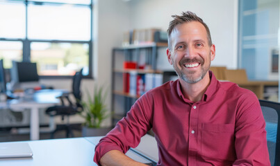 Cheerful male professional sitting at desk in modern office environment, smiling confidently with open workspace and plants in background