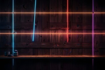Neon light on wooden wall background. Generative AI