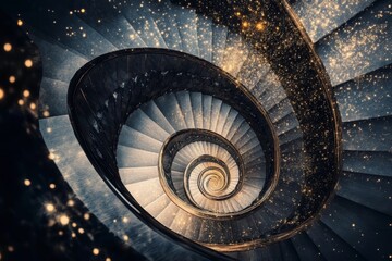 Fototapeta premium Swirling staircase with golden lights ascending upwards.