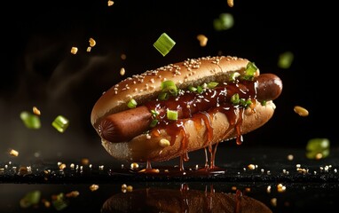 Hot dog with sesame bun mid-air, teriyaki sauce dripping, scallions scattering