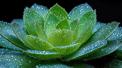 Fototapeta premium Close-up of a green succulent plant covered in fresh water droplets against a dark background.